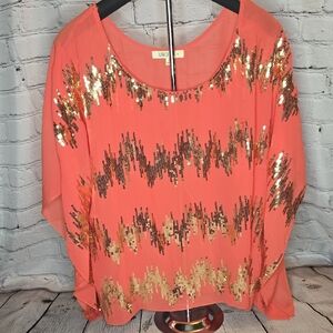 Umgee Coral w Gold Sequins XL Kaftan Blouse